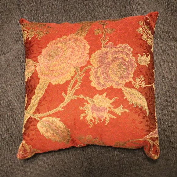 Floral Design Pillow Red, Gold, Green, Pink Fabric Colors 9 3/4" x 9 3/4" x 4" - Picture 2 of 4